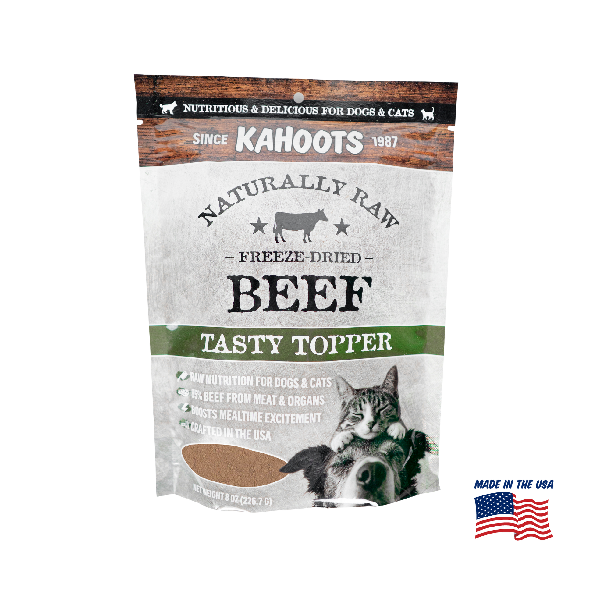 Kahoots Naturally Raw Freeze-Dried Beef Tasty Topper package for dogs and cats on a white background