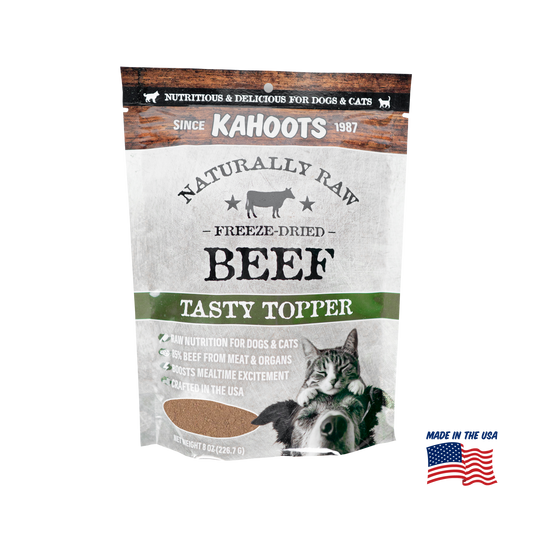 Kahoots Naturally Raw Freeze-Dried Beef Tasty Topper package for dogs and cats on a white background