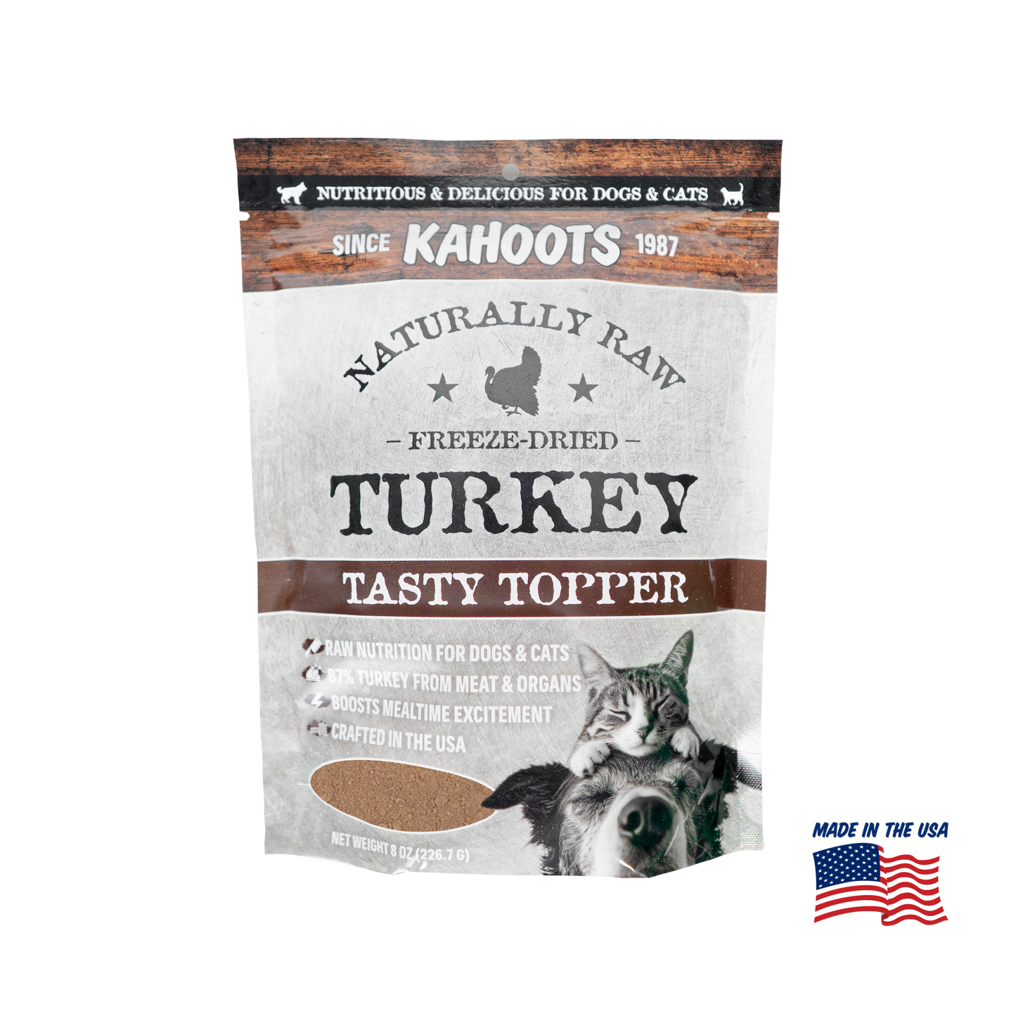 Package of Kahoots Naturally Raw Freeze-Dried Turkey Tasty Topper for dogs and cats on a white background.