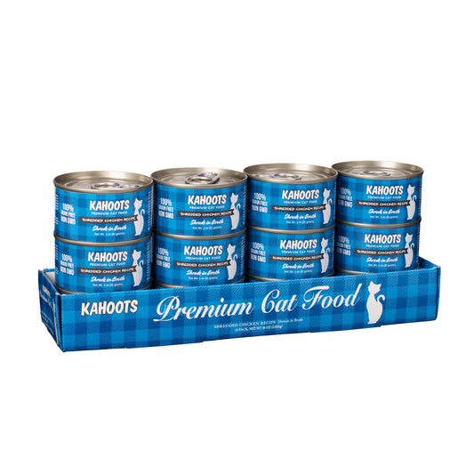 Case quantity of chicken shreds in broth wet cat food can. White cat over a blue checkered background