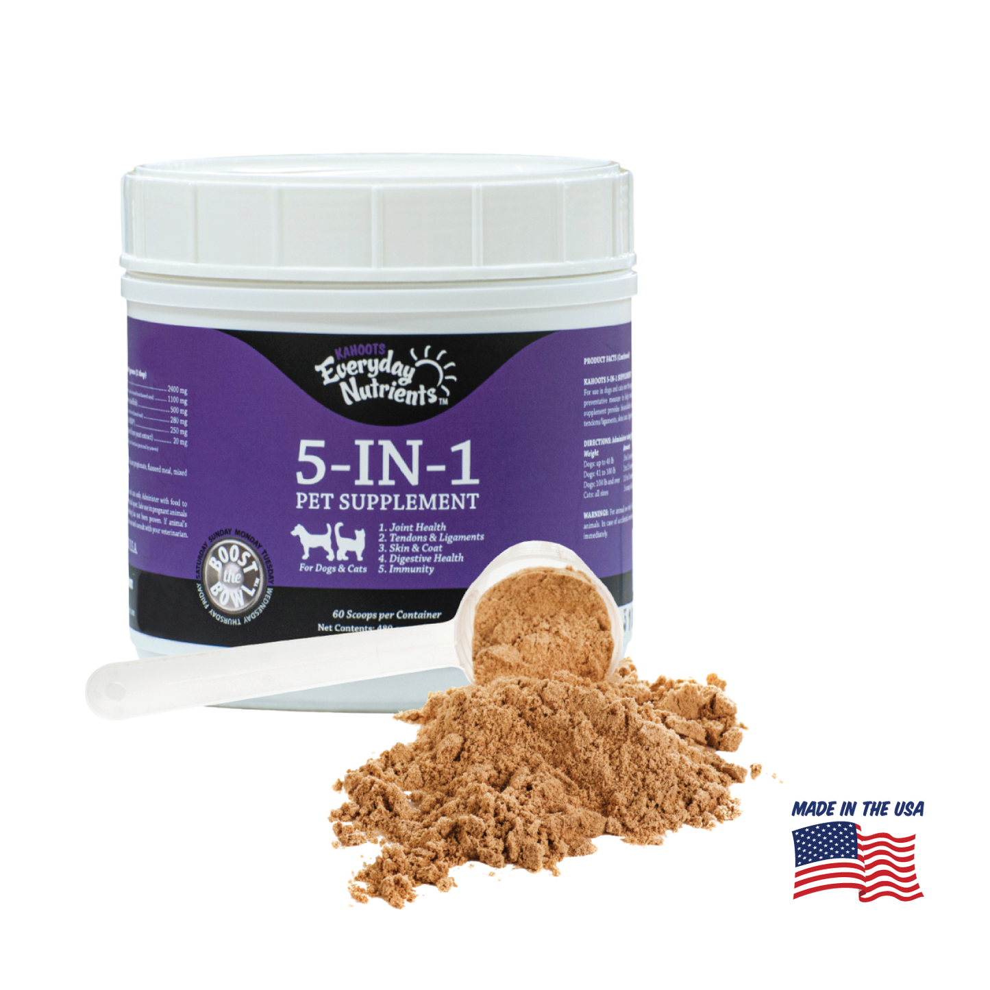 Kahoots 5 in 1 pet supplement, made in the USA