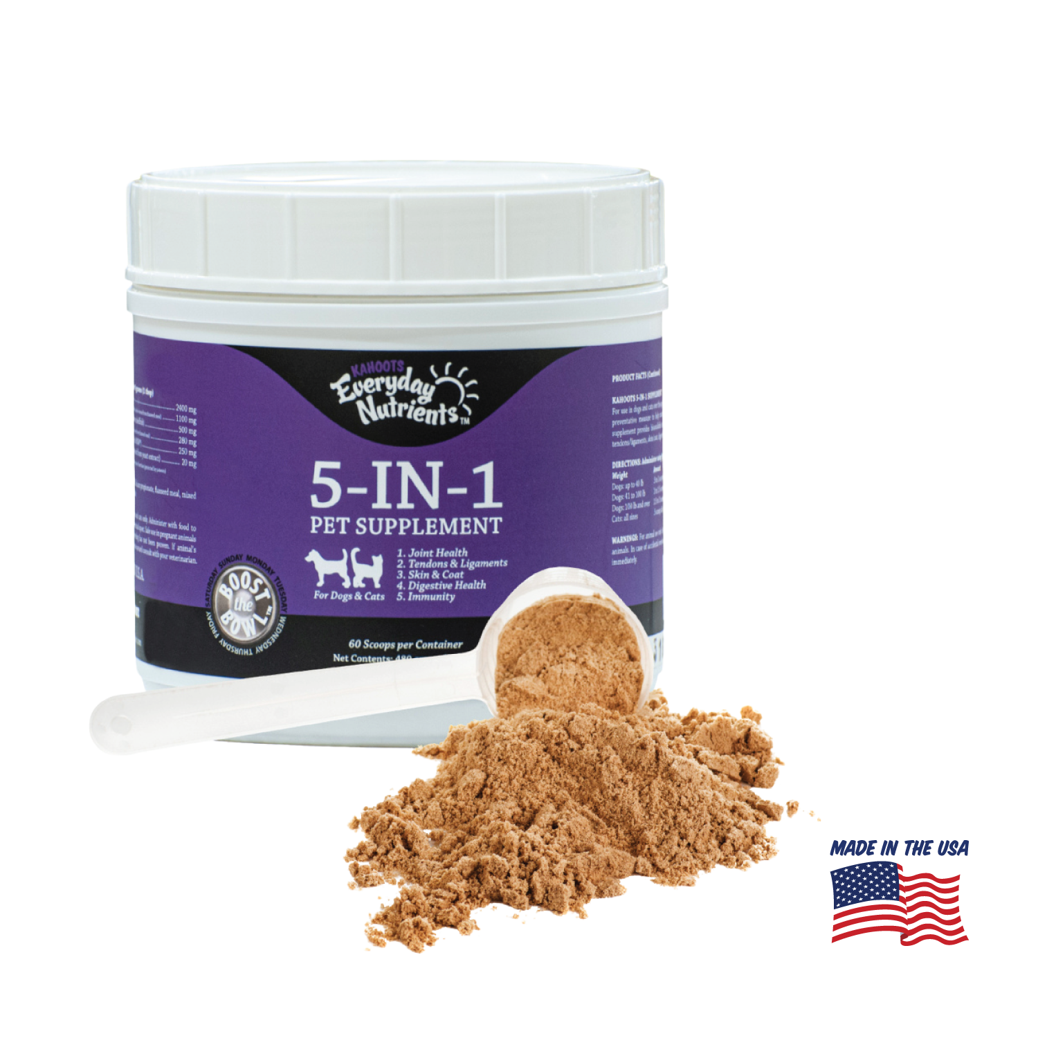 Kahoots 5 in 1 pet supplement, made in the USA