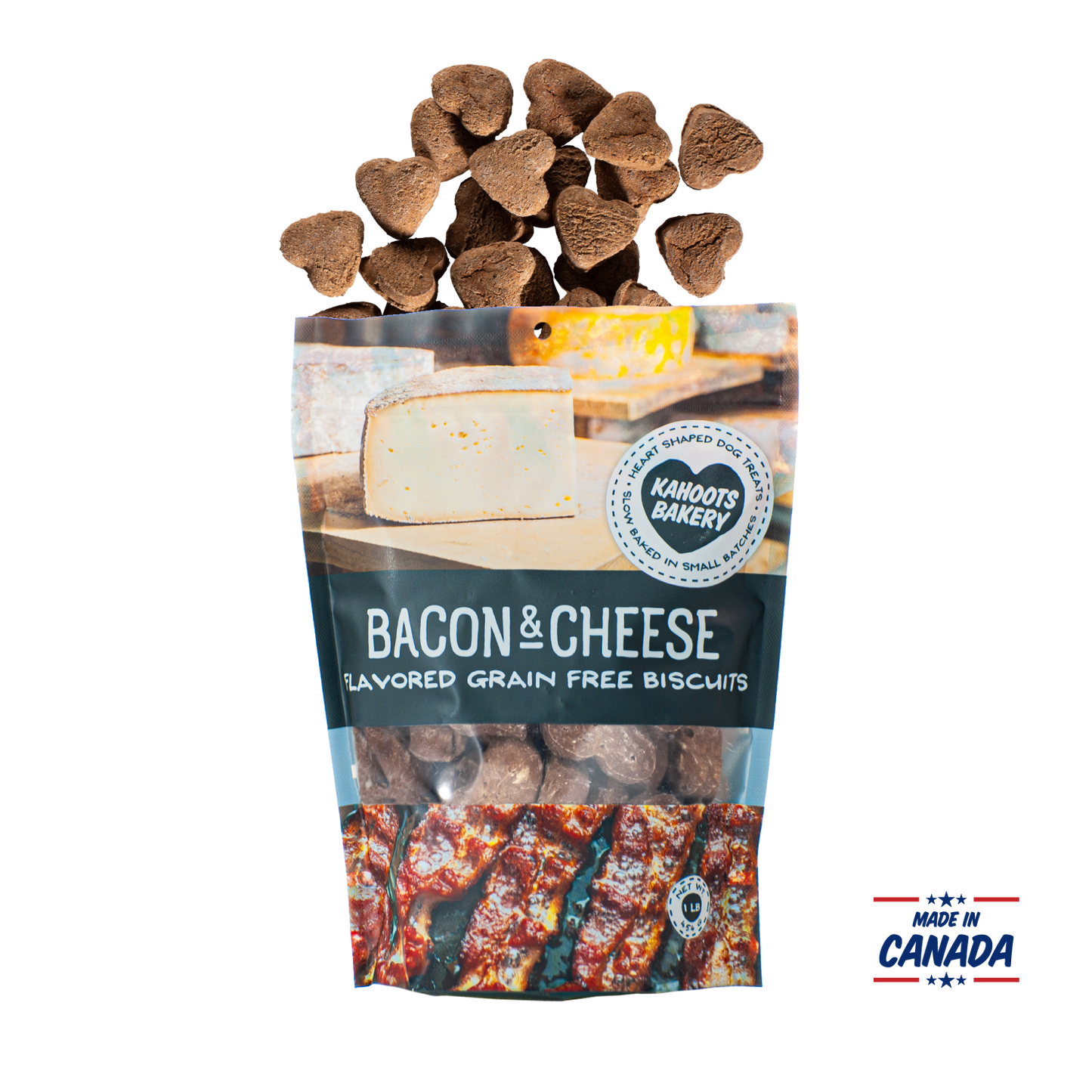 Grain free, heart-shaped bacon and cheese flavored dog biscuits pouring out of bag