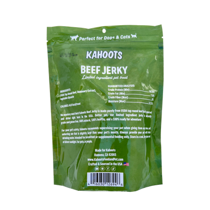 Beef jerky for dogs back of packaging