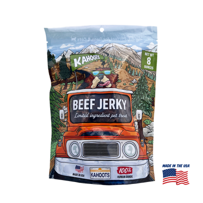 Beef jerky for dogs front of packaging