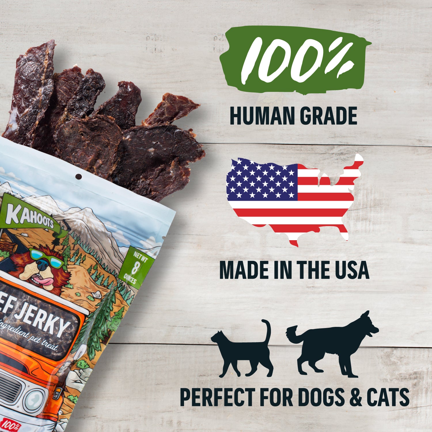 Beef jerky dog treat USP: 100% human grade, made in the USA, Perfect for dogs and cats