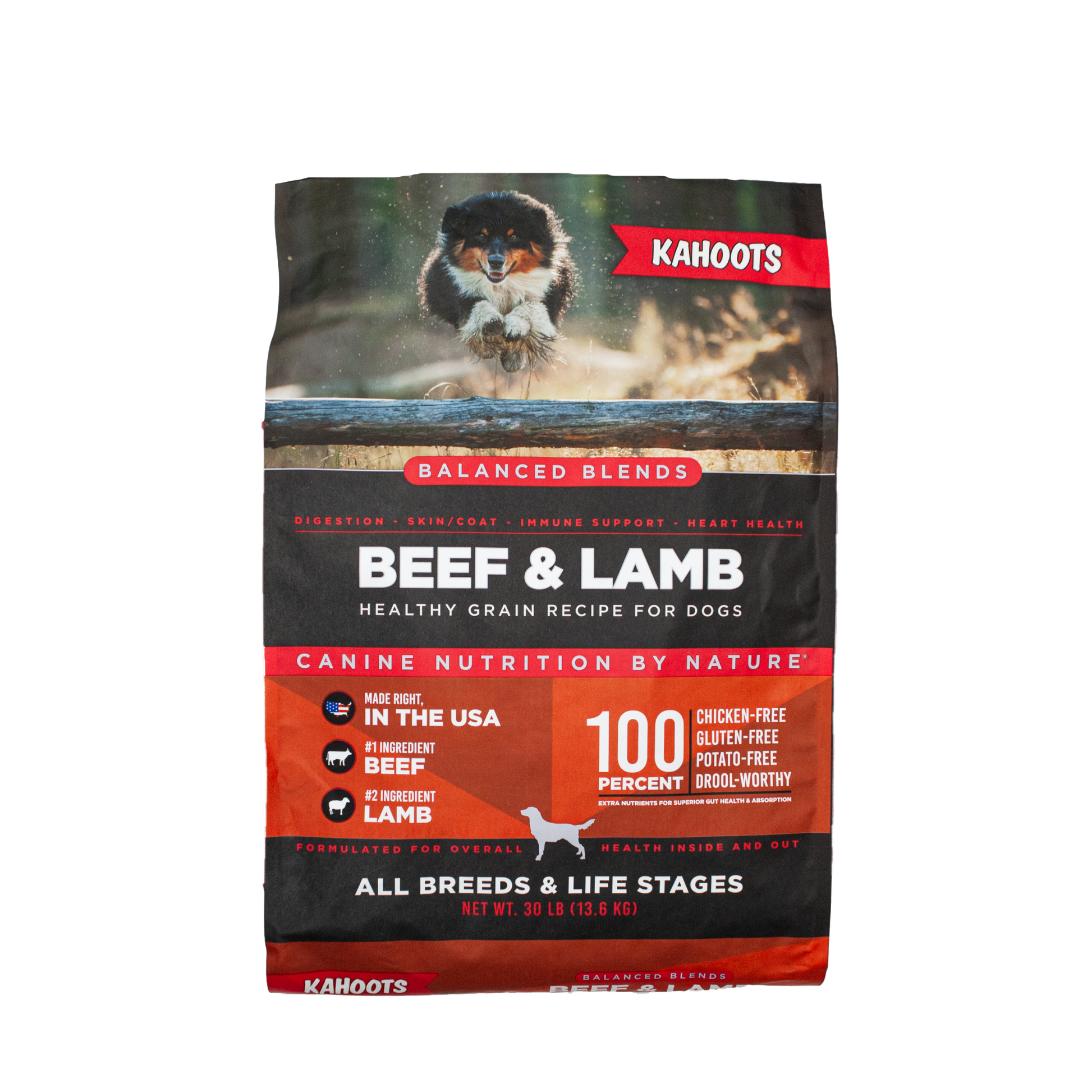 Dog food package with a dog on the label, featuring the brand 'Kahoots'.