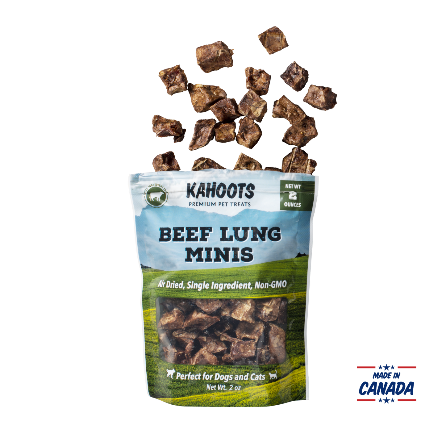 Beef lung mini product packaging with beef lung bites spewing out of the top