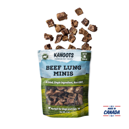 Beef lung mini product packaging with beef lung bites spewing out of the top