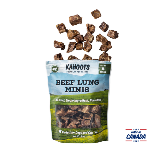 Beef lung mini product packaging with beef lung bites spewing out of the top