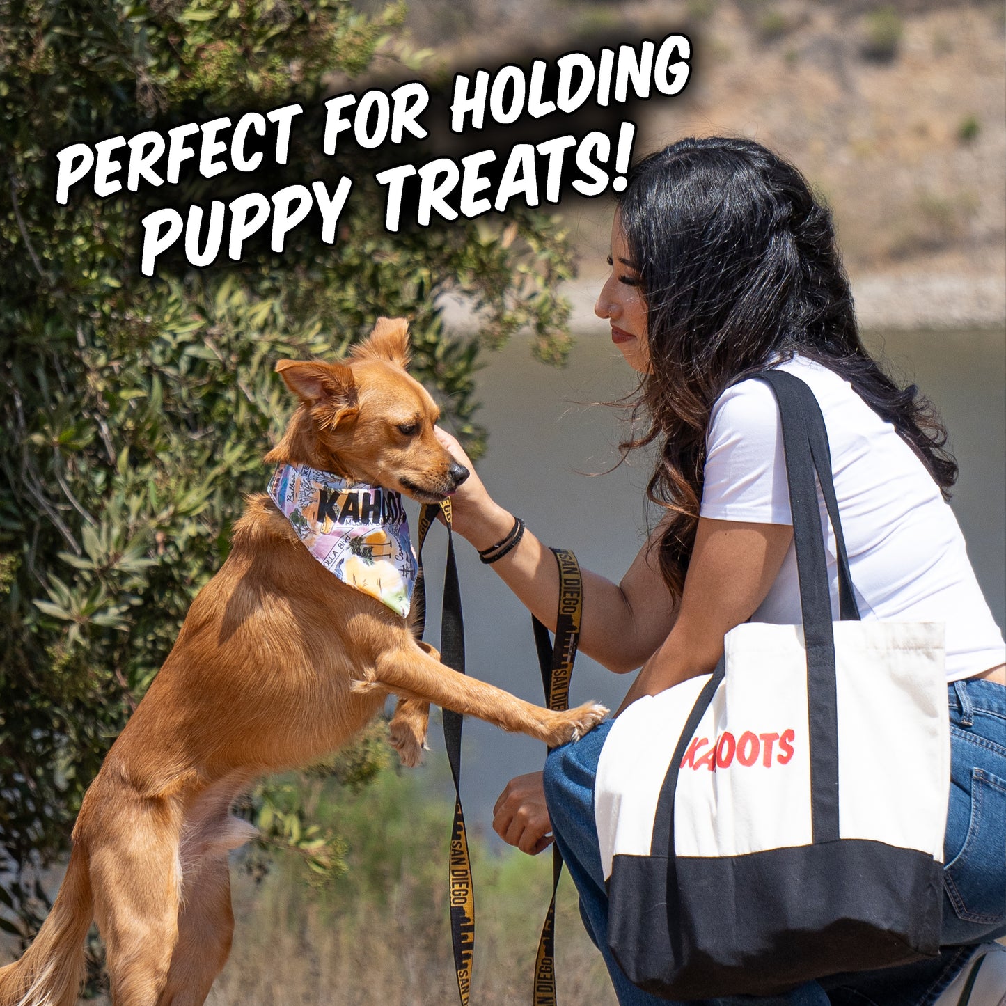 A woman kneels outdoors next to a golden dog wearing a bandana that says 'KAIS'. She holds the dog's front paw while it reaches toward treats in her tote bag.