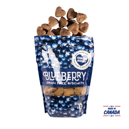 Grain free, heart-shaped blueberry flavored dog biscuits pouring out of bag