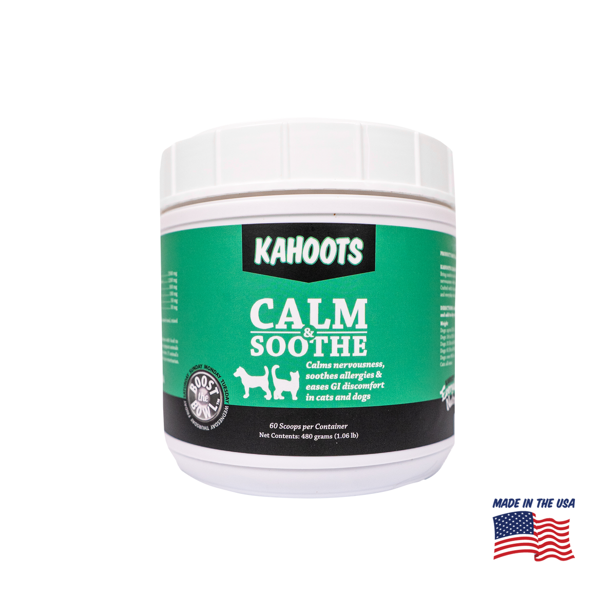 A white plastic tub of Kahoots Calm Soothe pet supplement with a green and black label, shown on a white background with a 'Made in the USA' flag graphic in the bottom right corner.