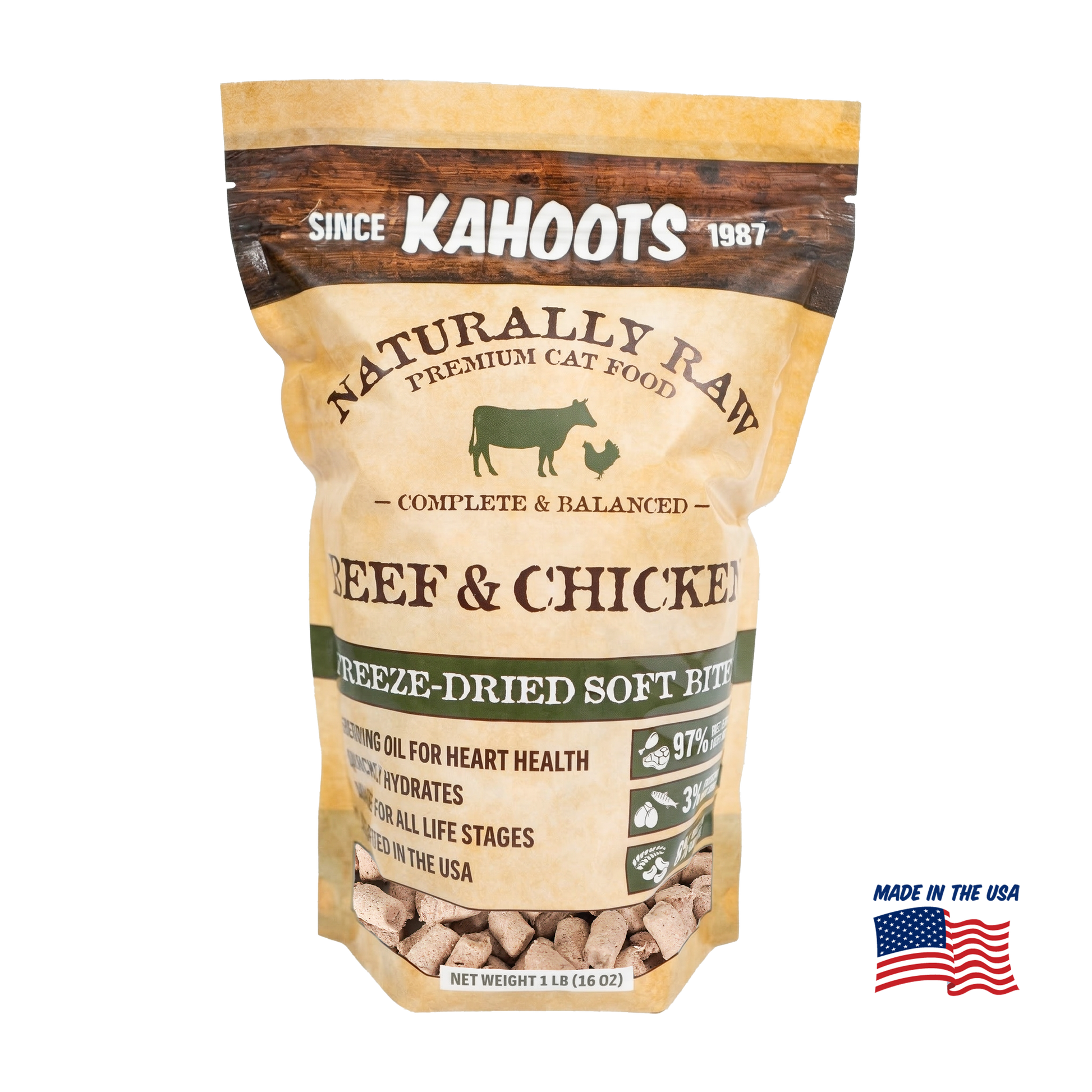 Kahoots Naturally Raw Premium Cat Food package with beef and chicken ingredients on a white background