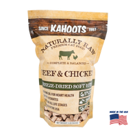 Kahoots Naturally Raw Premium Cat Food package with beef and chicken ingredients on a white background