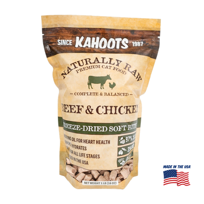 Kahoots Naturally Raw Premium Cat Food package with beef and chicken ingredients on a white background