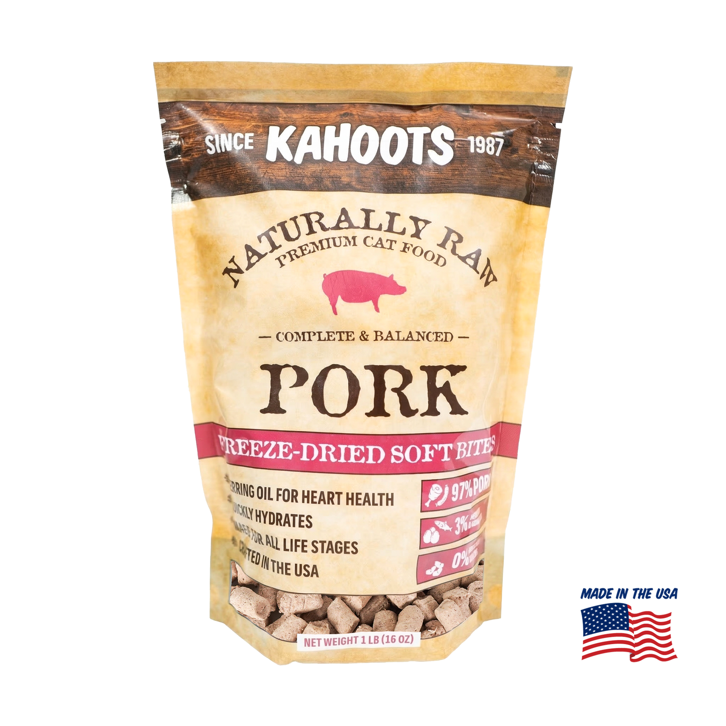 Kahoots Naturally Raw Premium Cat Food package for pork freeze-dried soft bites on a white background.