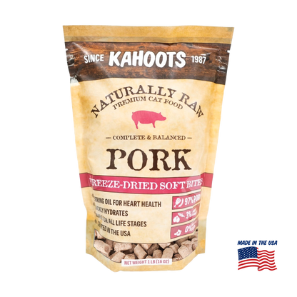 Kahoots Naturally Raw Premium Cat Food package for pork freeze-dried soft bites on a white background.