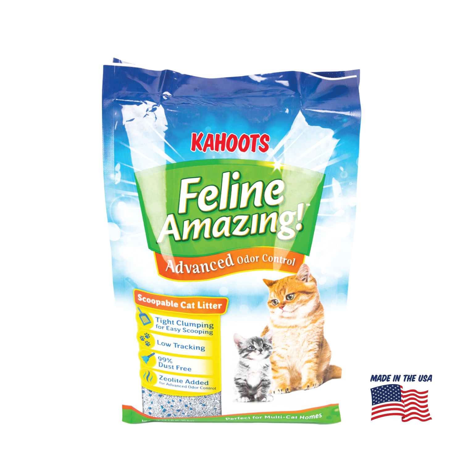 Kahoots advanced odor control clay cat litter, made in the USA