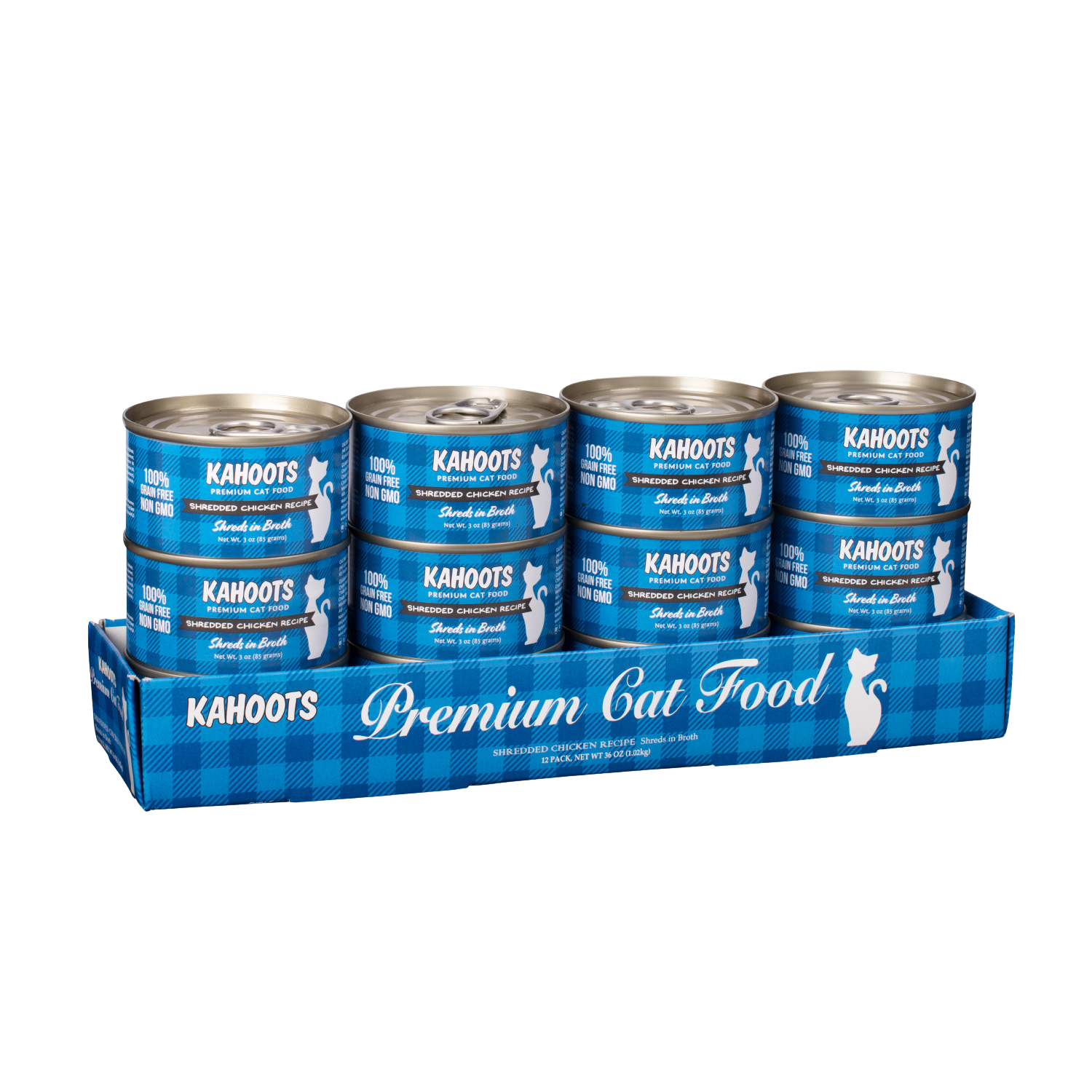 Case quantity of chicken shreds in broth wet cat food can. White cat over a blue checkered background