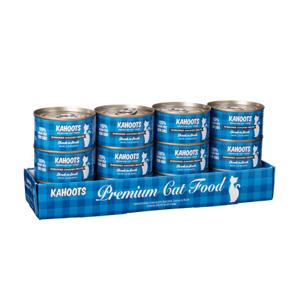 Case quantity of chicken shreds in broth wet cat food can. White cat over a blue checkered background