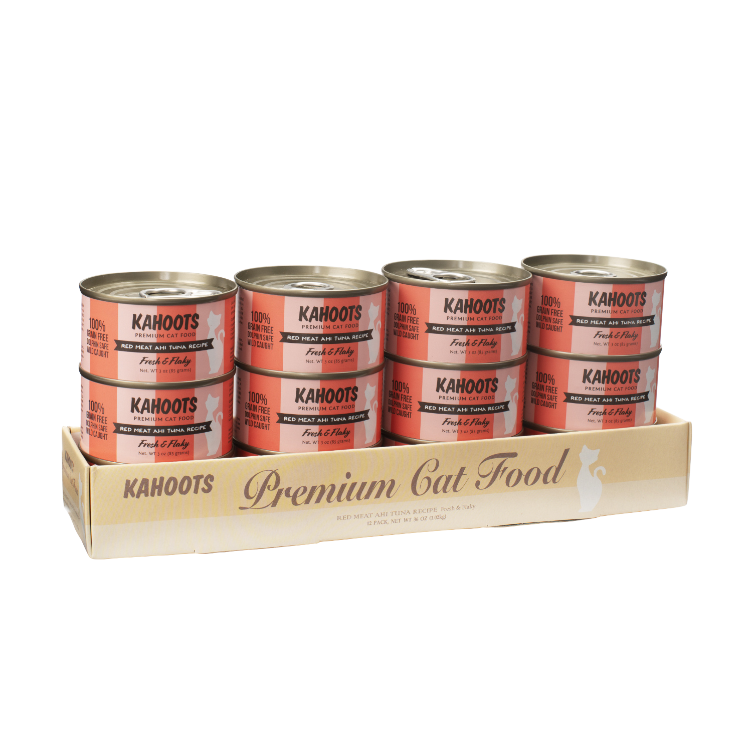 Case quantity of Red meat ahi tuna wet cat food can. White cat over a cream stripe background