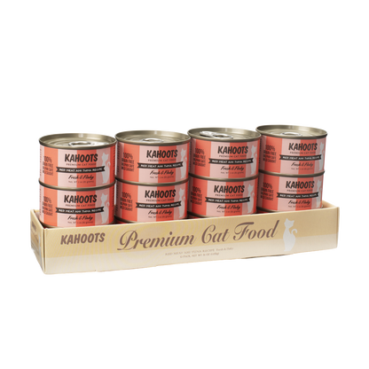 Case quantity of Red meat ahi tuna wet cat food can. White cat over a cream stripe background