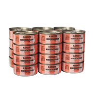 case quantity Red meat ahi tuna wet cat food can. White cat over a cream stripe background