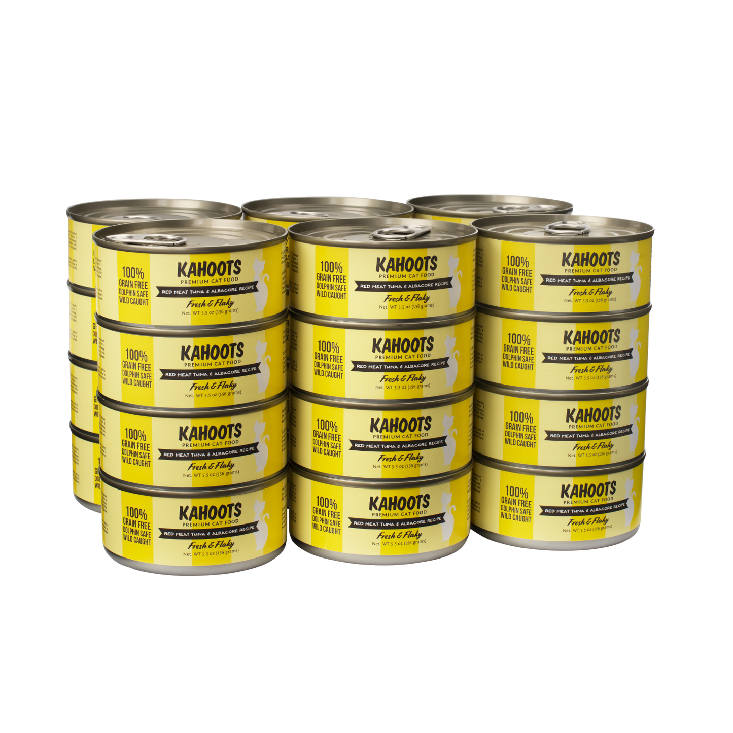 Case quantity of Red meat tuna and albacore wet cat food can. White cat over a yellow stripe background