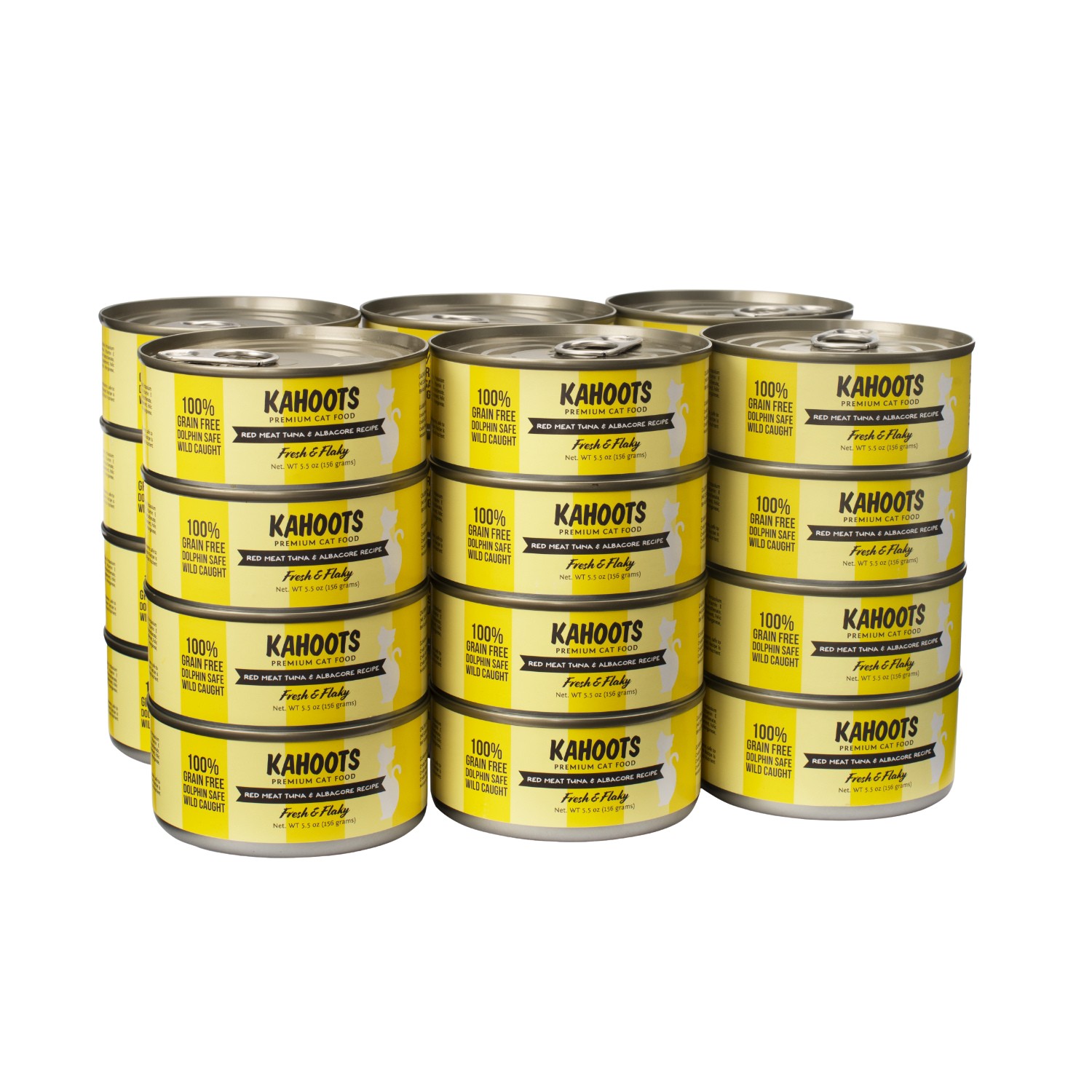 Case quantity of Red meat tuna and albacore wet cat food can. White cat over a yellow stripe background