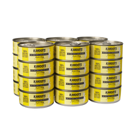 Case quantity of Red meat tuna and albacore wet cat food can. White cat over a yellow stripe background