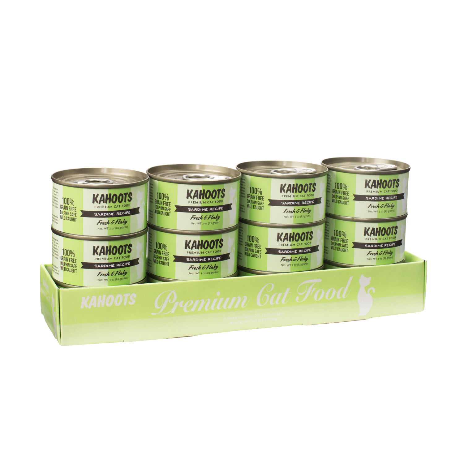 Case quantity of Sardine wet cat food. White cat over green colored striped background on the label
