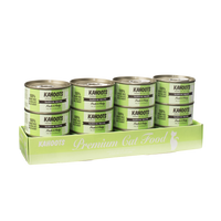 Case quantity of Sardine wet cat food. White cat over green colored striped background on the label