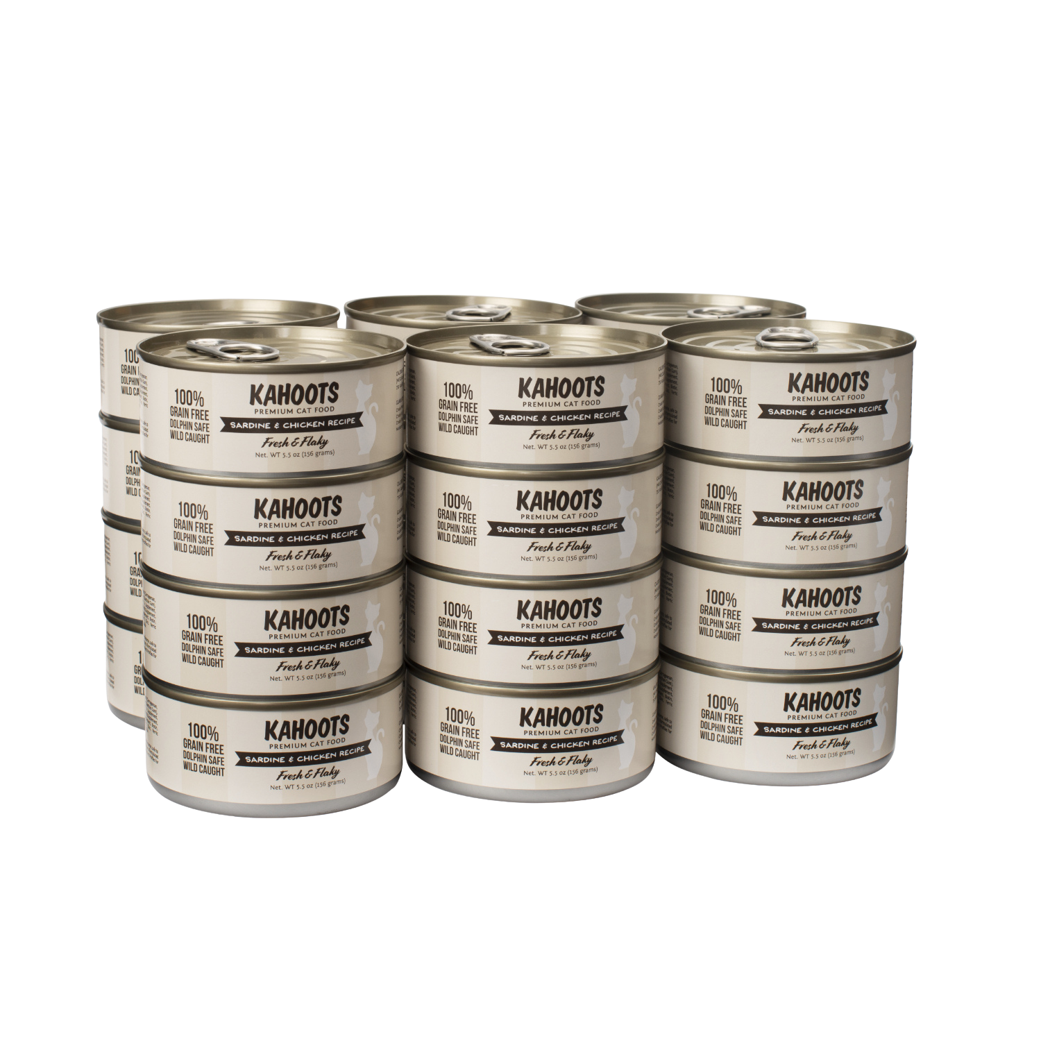 Case quantity of Sardine and Chicken wet cat food. White cat over cream colored striped background on the label