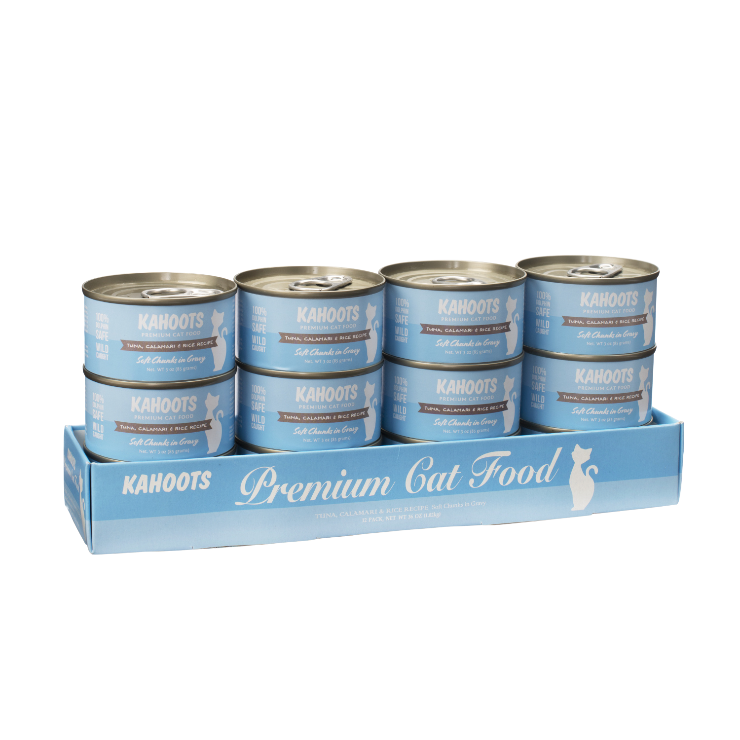 Case quantity of Tuna, Calamari, and rice wet cat food. Picture of a white cat over a blue background on label