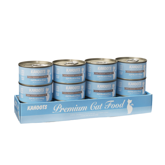 Case quantity of Tuna, Calamari, and rice wet cat food. Picture of a white cat over a blue background on label