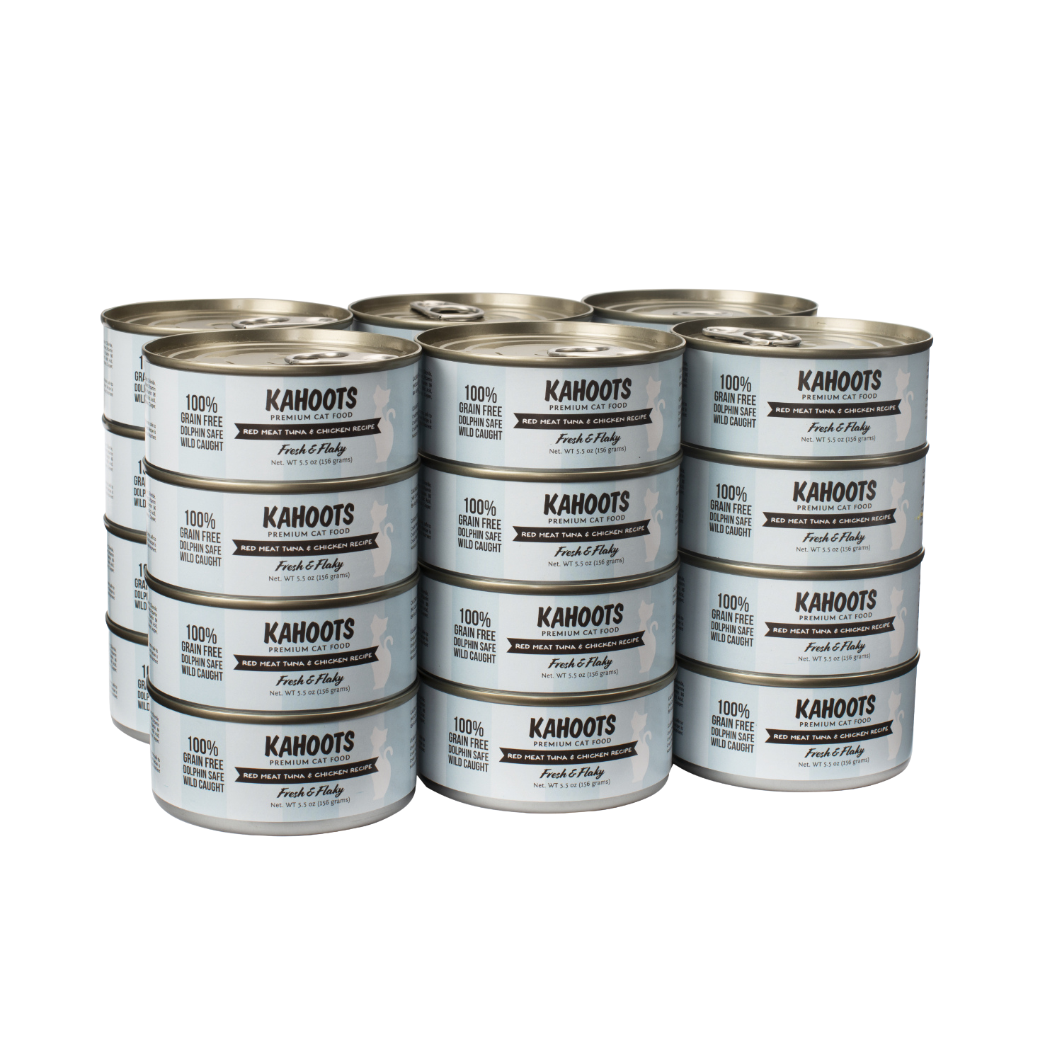 Kahoots red meat tuna and chicken recipe can, image of white cat over blue stripes