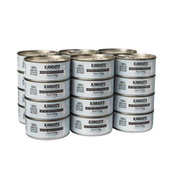 Kahoots red meat tuna and chicken recipe can, image of white cat over blue stripes