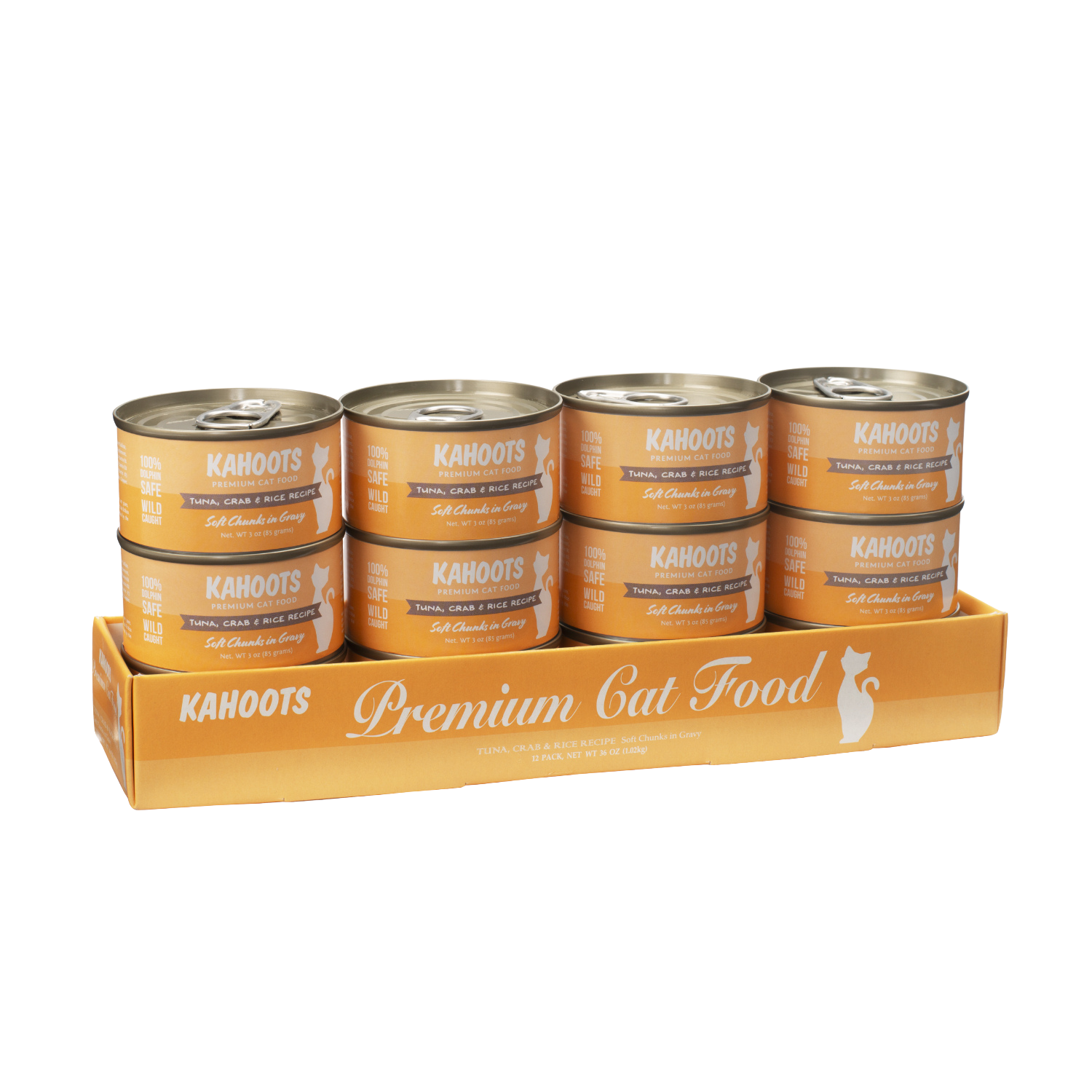 Case quantity of Tuna, crab, and rice wet cat food. Picture of a white cat over a orange background on label
