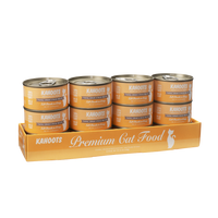 Case quantity of Tuna, crab, and rice wet cat food. Picture of a white cat over a orange background on label