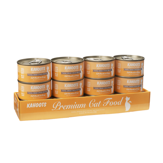 Case quantity of Tuna, crab, and rice wet cat food. Picture of a white cat over a orange background on label