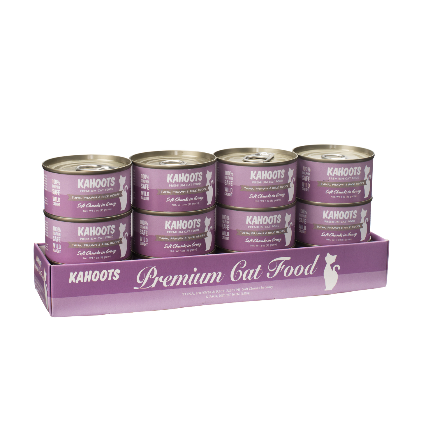 Case quantity of Tuna, prawn, and rice wet cat food. Picture of a white cat over a purple background on label