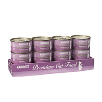 Case quantity of Tuna, prawn, and rice wet cat food. Picture of a white cat over a purple background on label