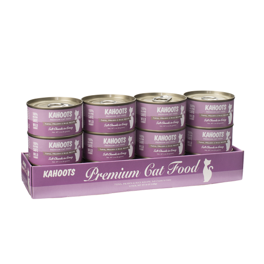 Case quantity of Tuna, prawn, and rice wet cat food. Picture of a white cat over a purple background on label