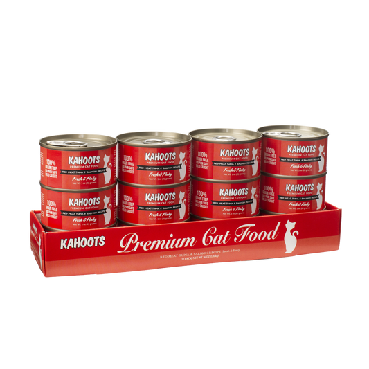 Case quantity of tuna and salmon wet cat food