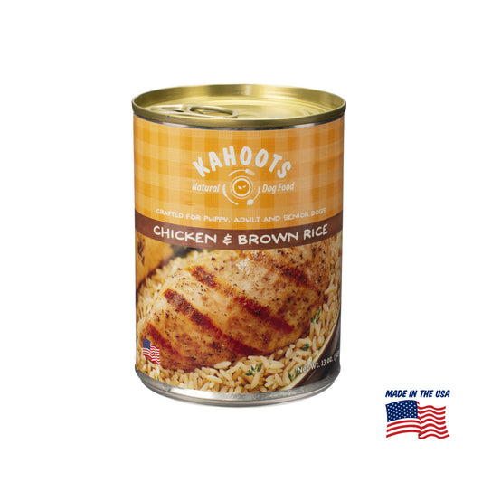 Kahoots chicken and rice wet dog food can, made in the USA