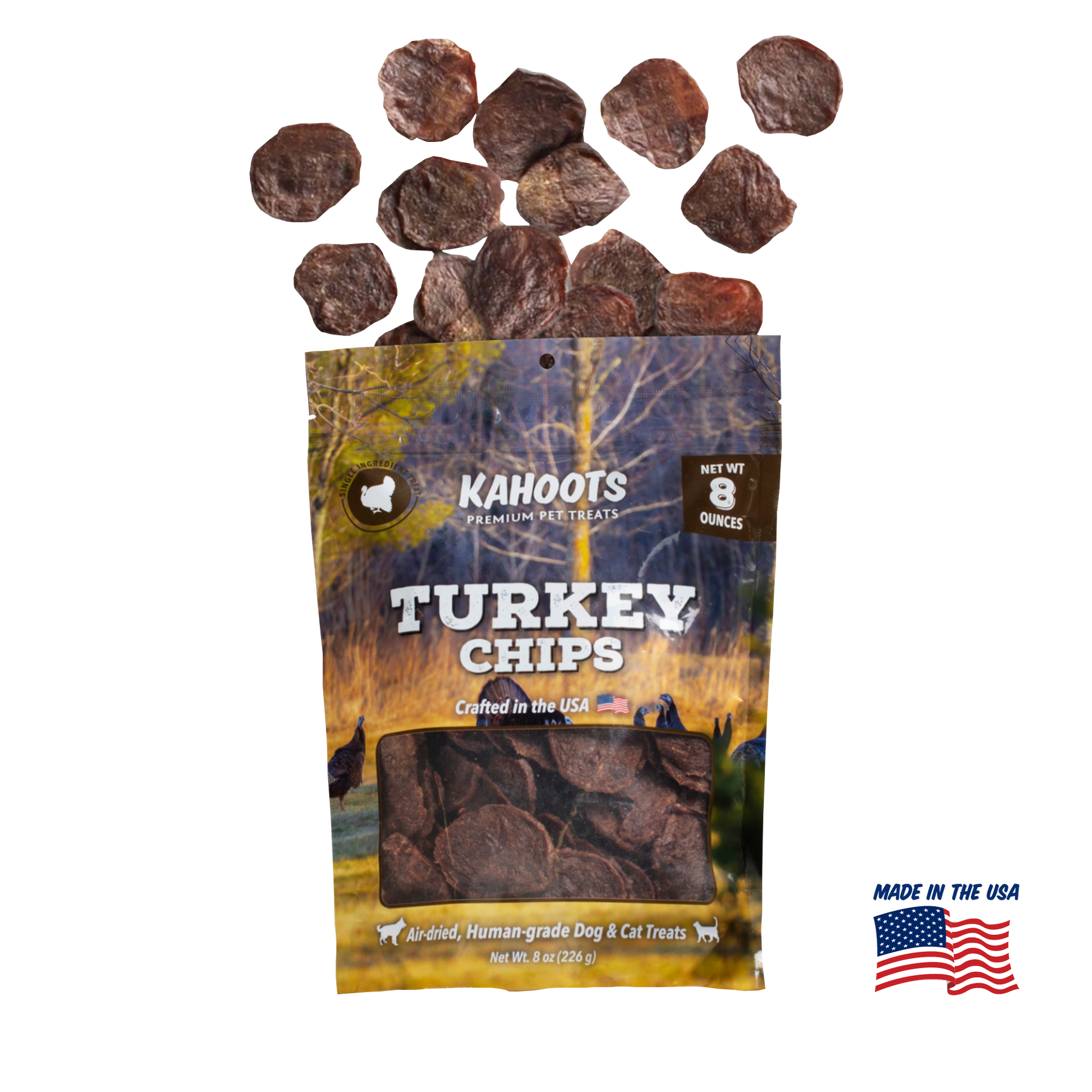 Kahoots turkey chips packaging. Made in the USA