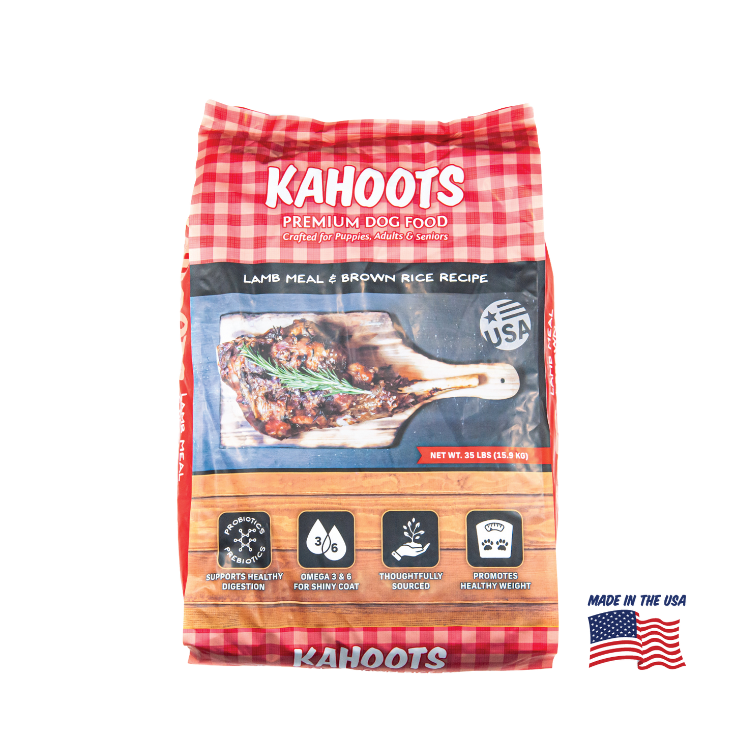 Kahoots lamb and rice dog food packaging 35lb