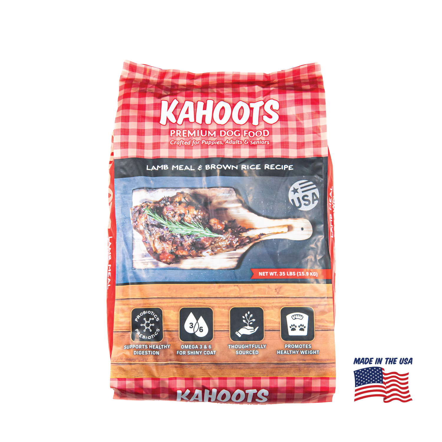 Kahoots lamb and rice dog food packaging 35lb