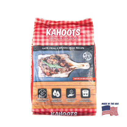 Kahoots lamb and rice dog food packaging 35lb